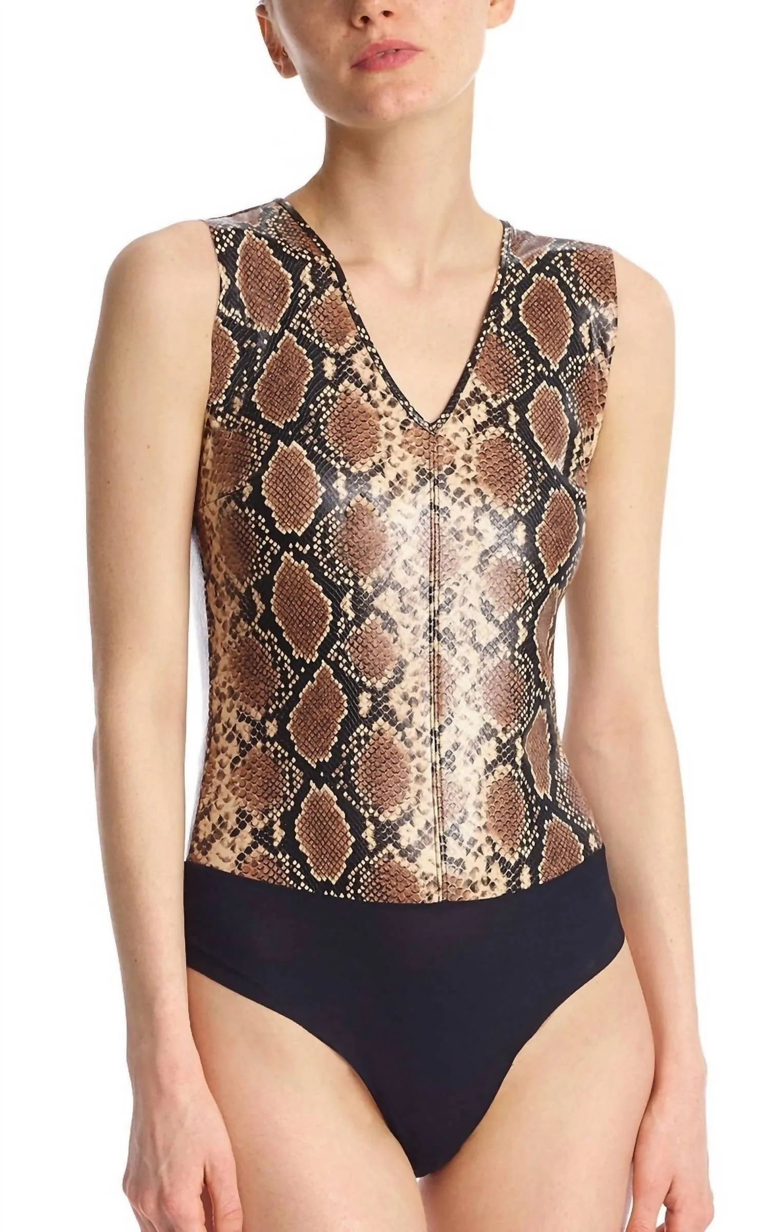 Faux Leather Animal V-Neck Bodysuit In Snake