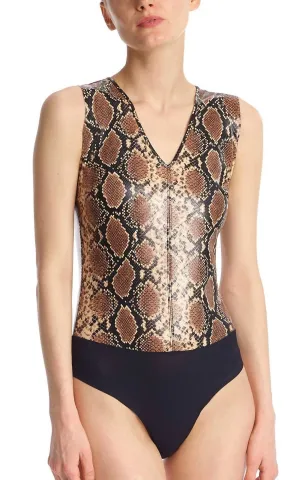 Faux Leather Animal V-Neck Bodysuit In Snake