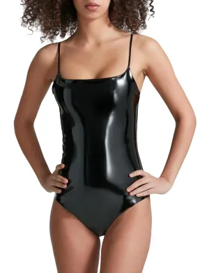Faux Patent Leather Cami Bodysuit In Black