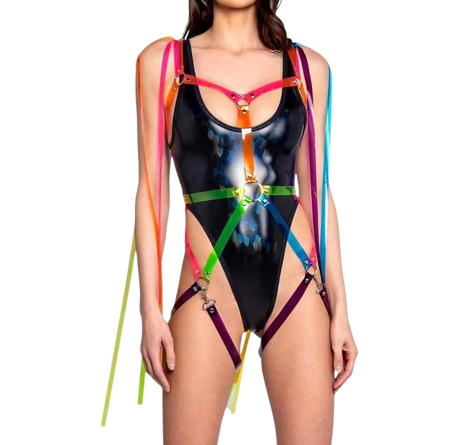Feather Stretch Bodysuit In Black