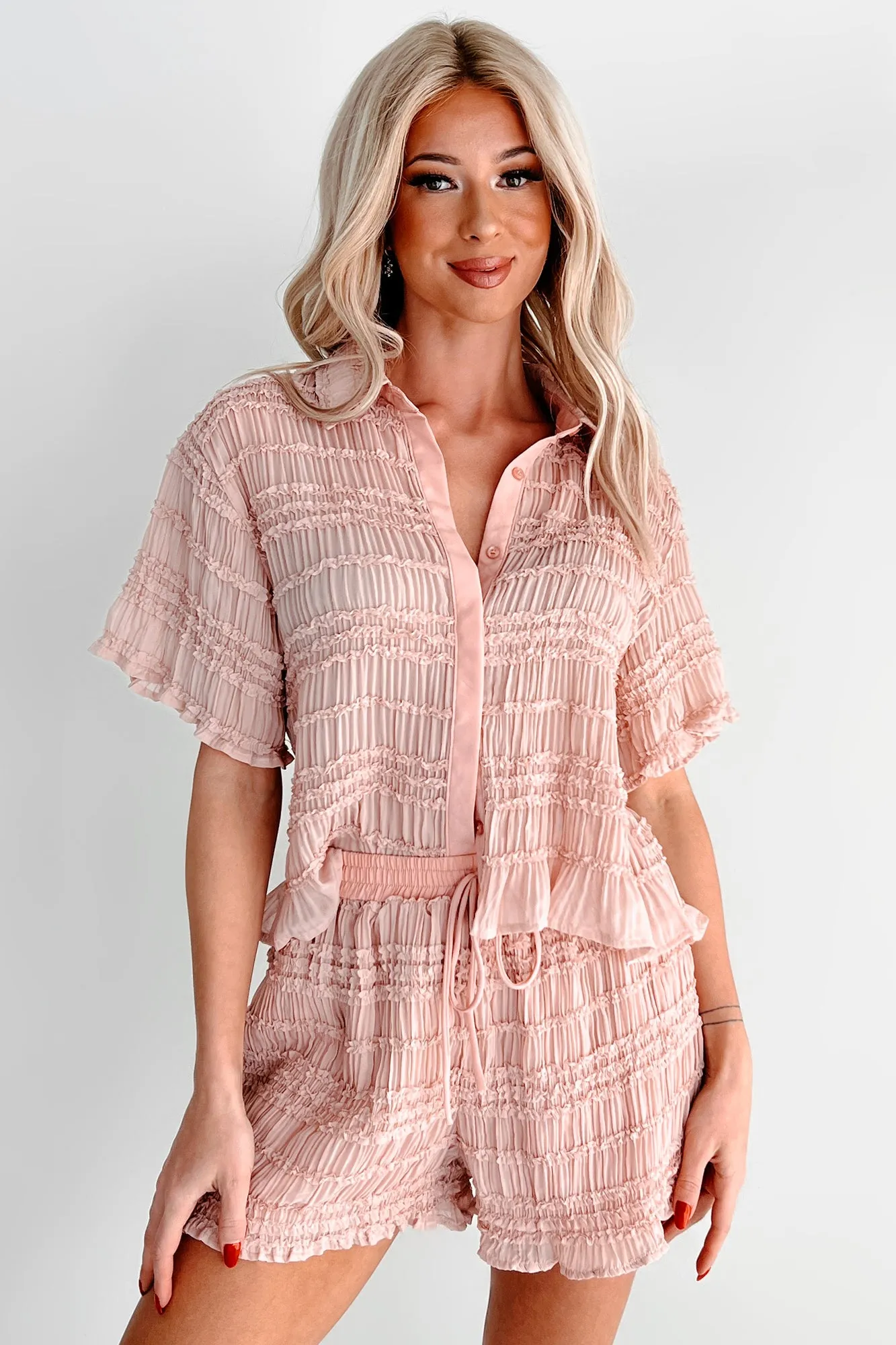 Figuring It Out Ruffle Smocked Blouse & Shorts Set (Pink)