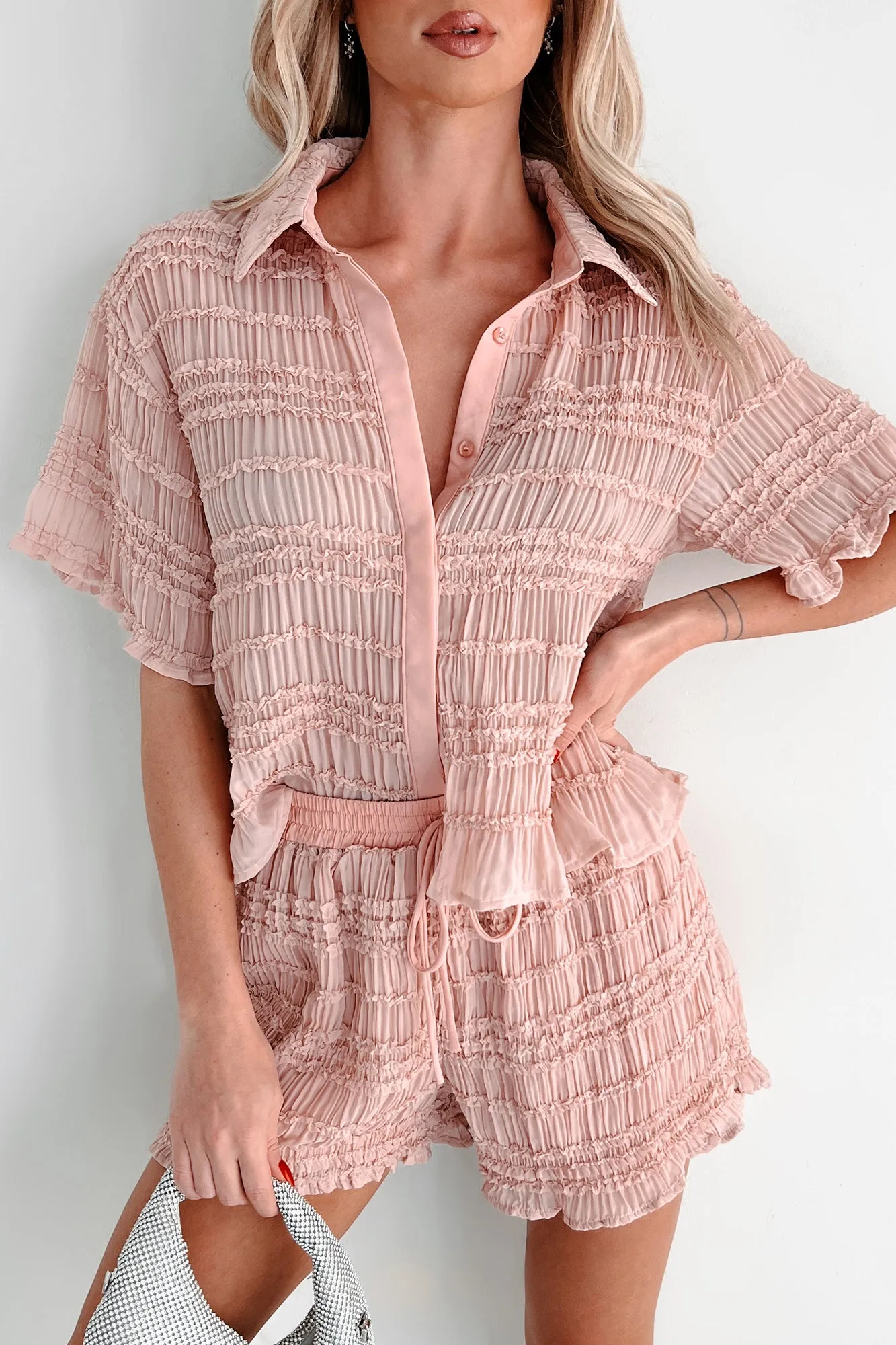 Figuring It Out Ruffle Smocked Blouse & Shorts Set (Pink)