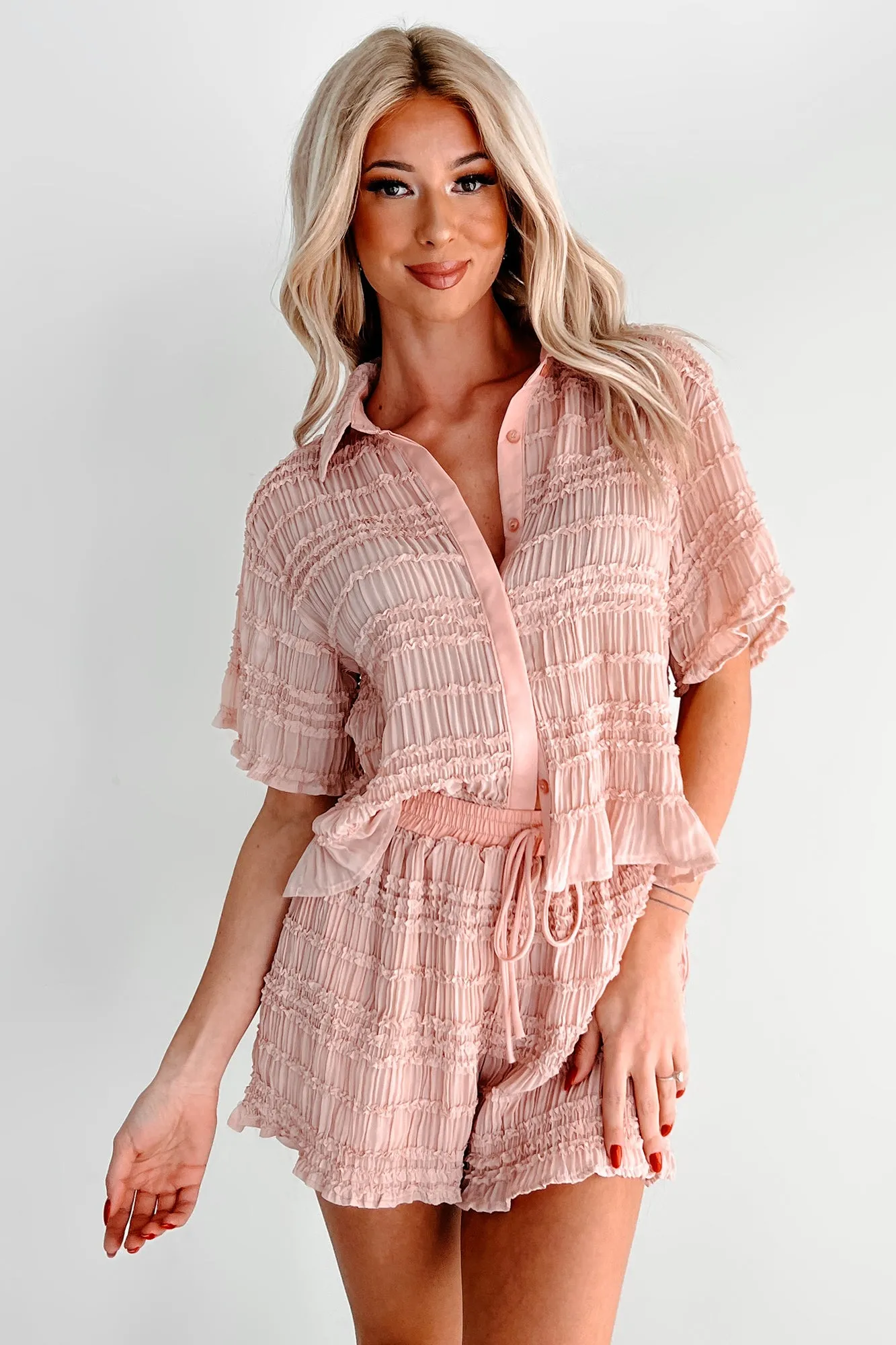 Figuring It Out Ruffle Smocked Blouse & Shorts Set (Pink)
