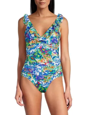 Floral Ruffle One Piece Swimsuit In Blue Floral