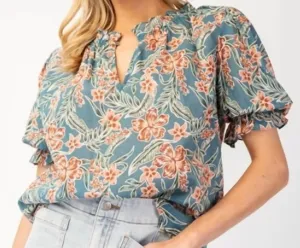 Floral Short Sleeve Blouse In Vintage Blue