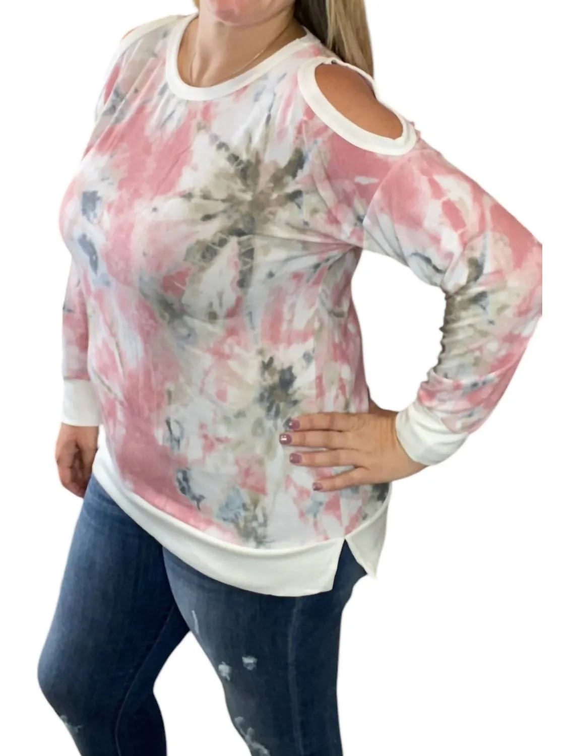 French Terry Cold Shoulder Top In Pink