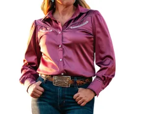 Frisco Satin Long Sleeved Pearl Snap Shirt In Berry