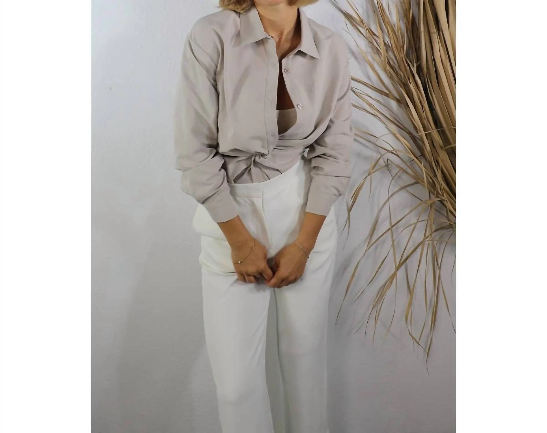 Front Twist Button Down Shirt In Stone Beige