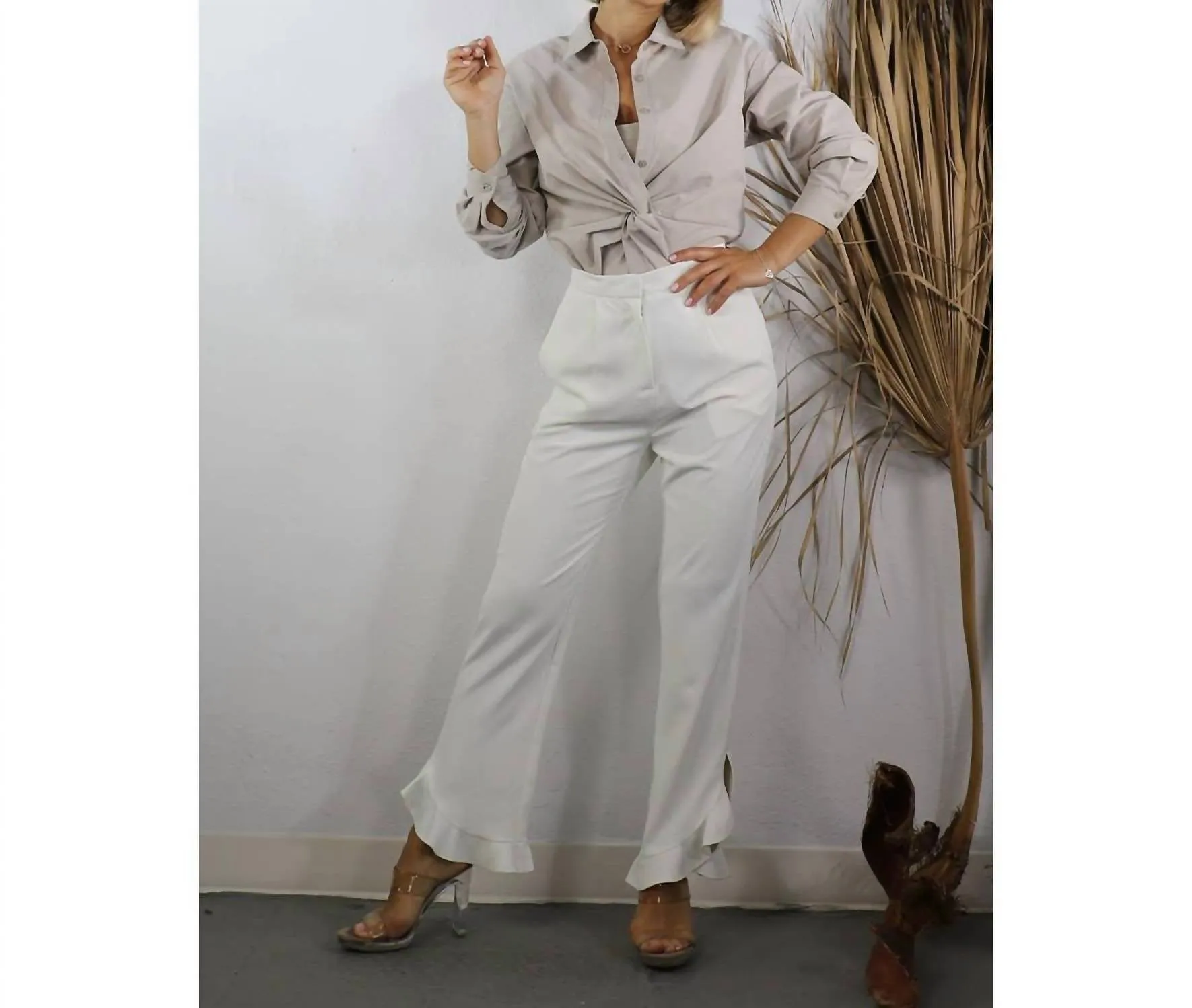 Front Twist Button Down Shirt In Stone Beige