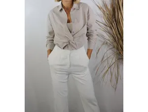 Front Twist Button Down Shirt In Stone Beige
