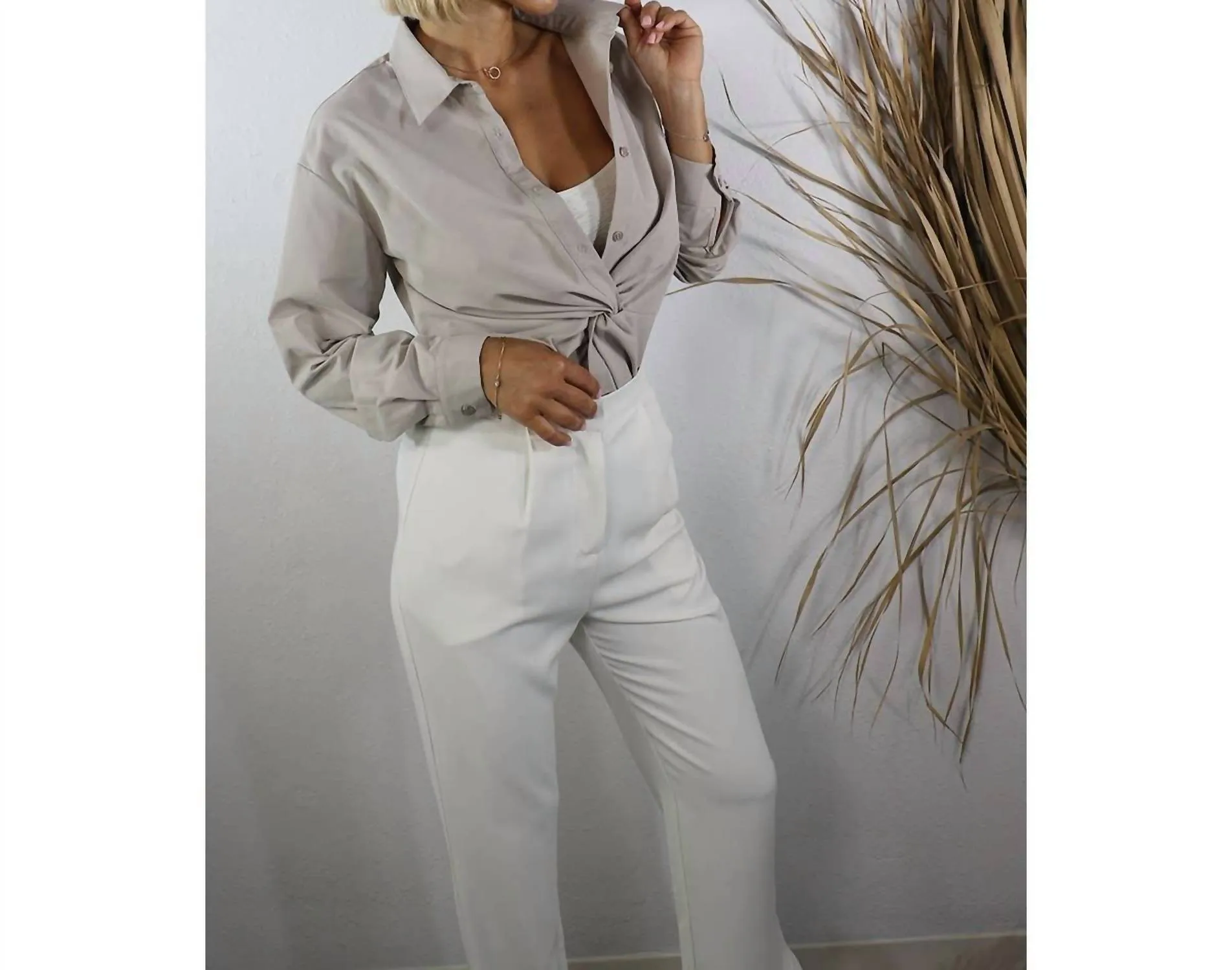 Front Twist Button Down Shirt In Stone Beige