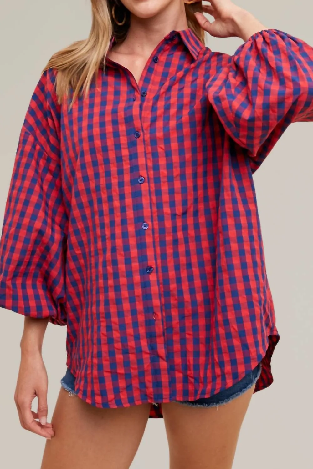 Gingham Button Down Top In Navy/red