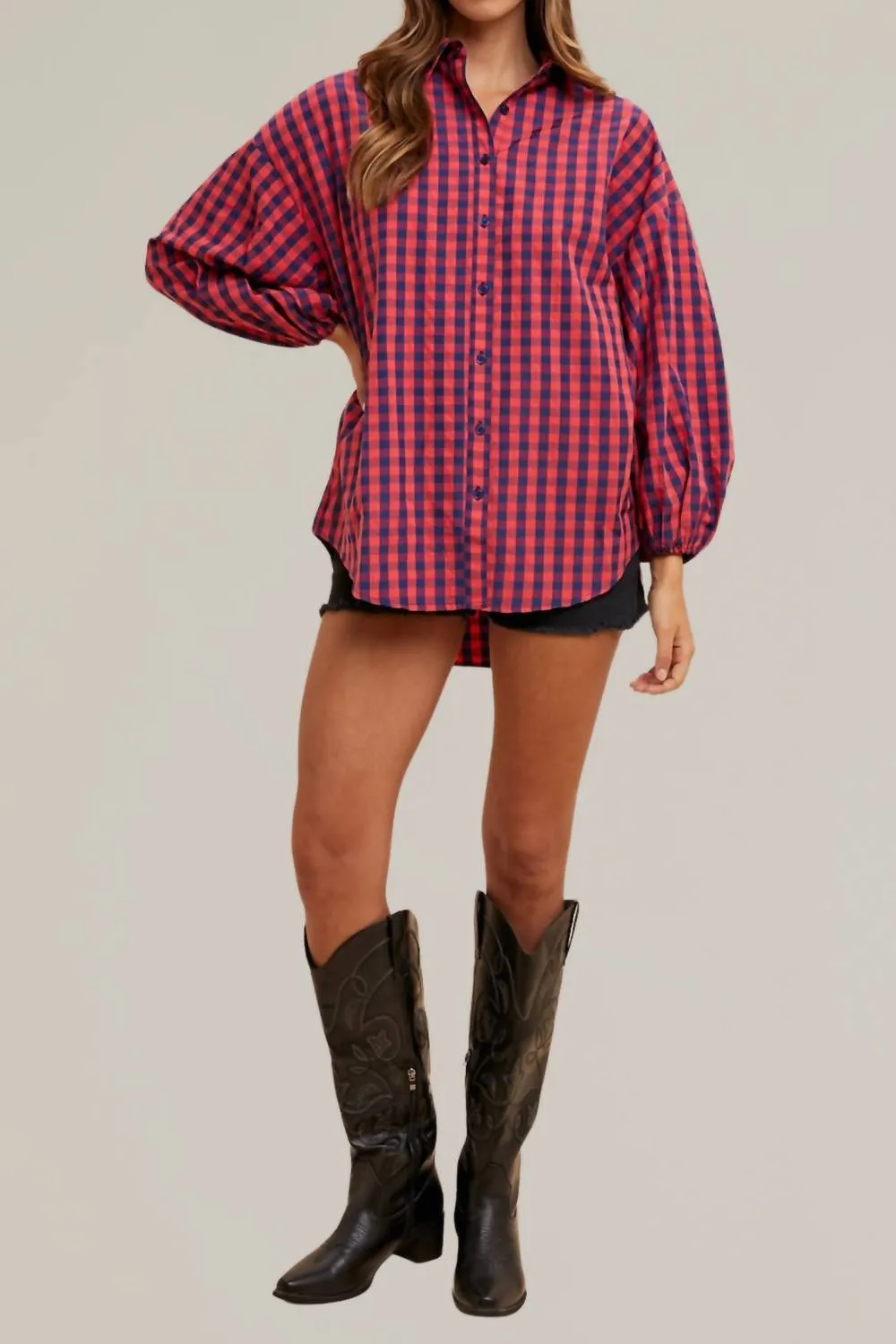 Gingham Button Down Top In Navy/red