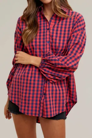Gingham Button Down Top In Navy/red