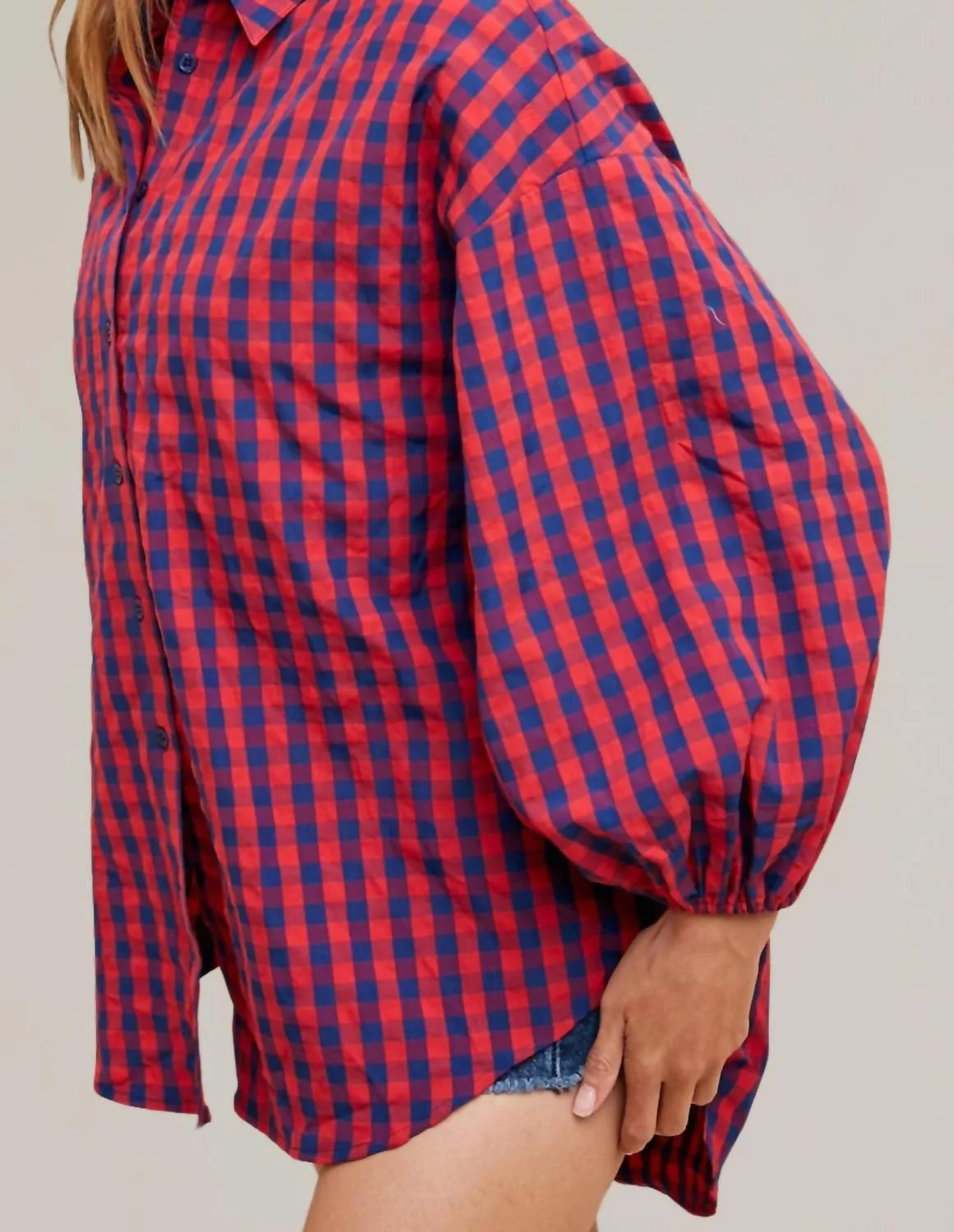 Gingham Button Down Top In Navy/red
