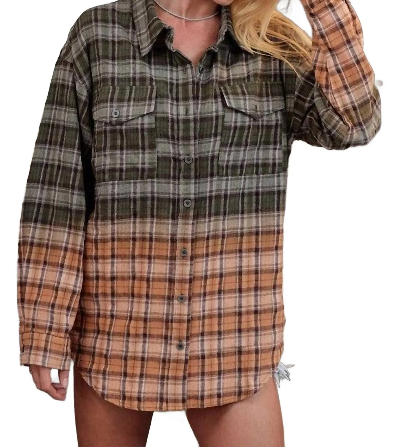 Girlfriend Button Down Long Sleeve Top In Olive Multi