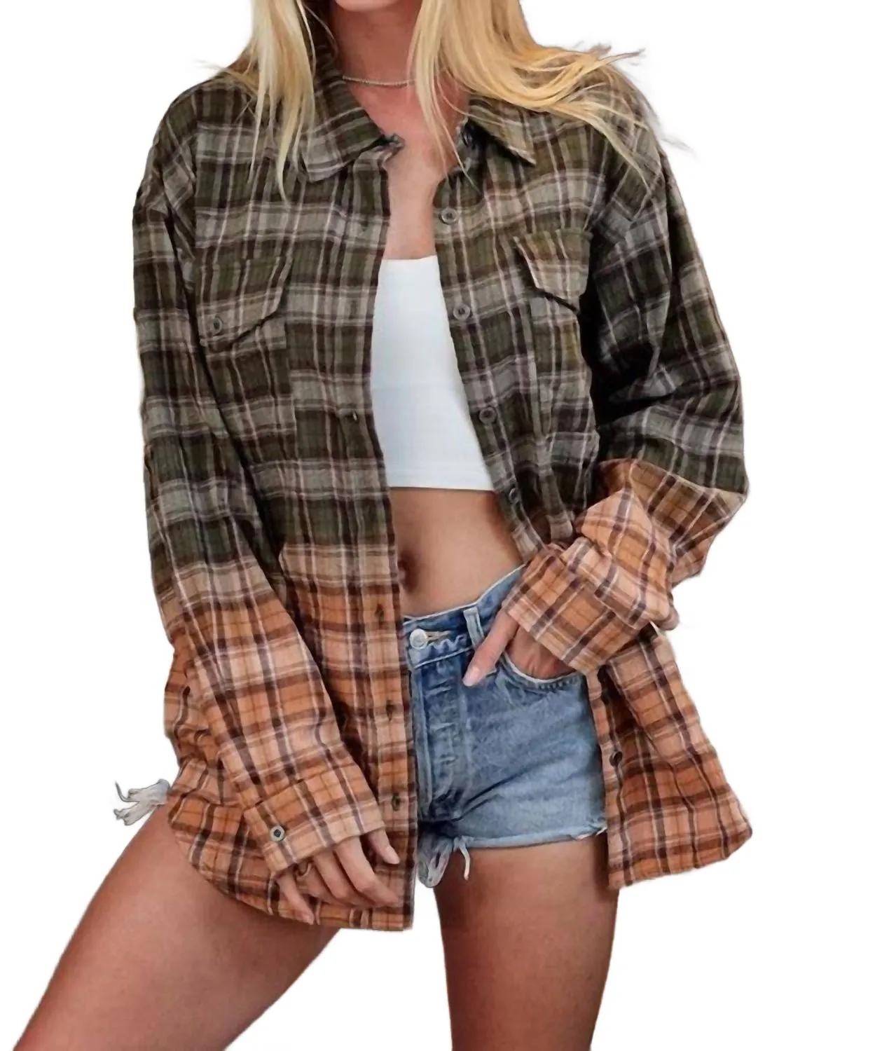 Girlfriend Button Down Long Sleeve Top In Olive Multi