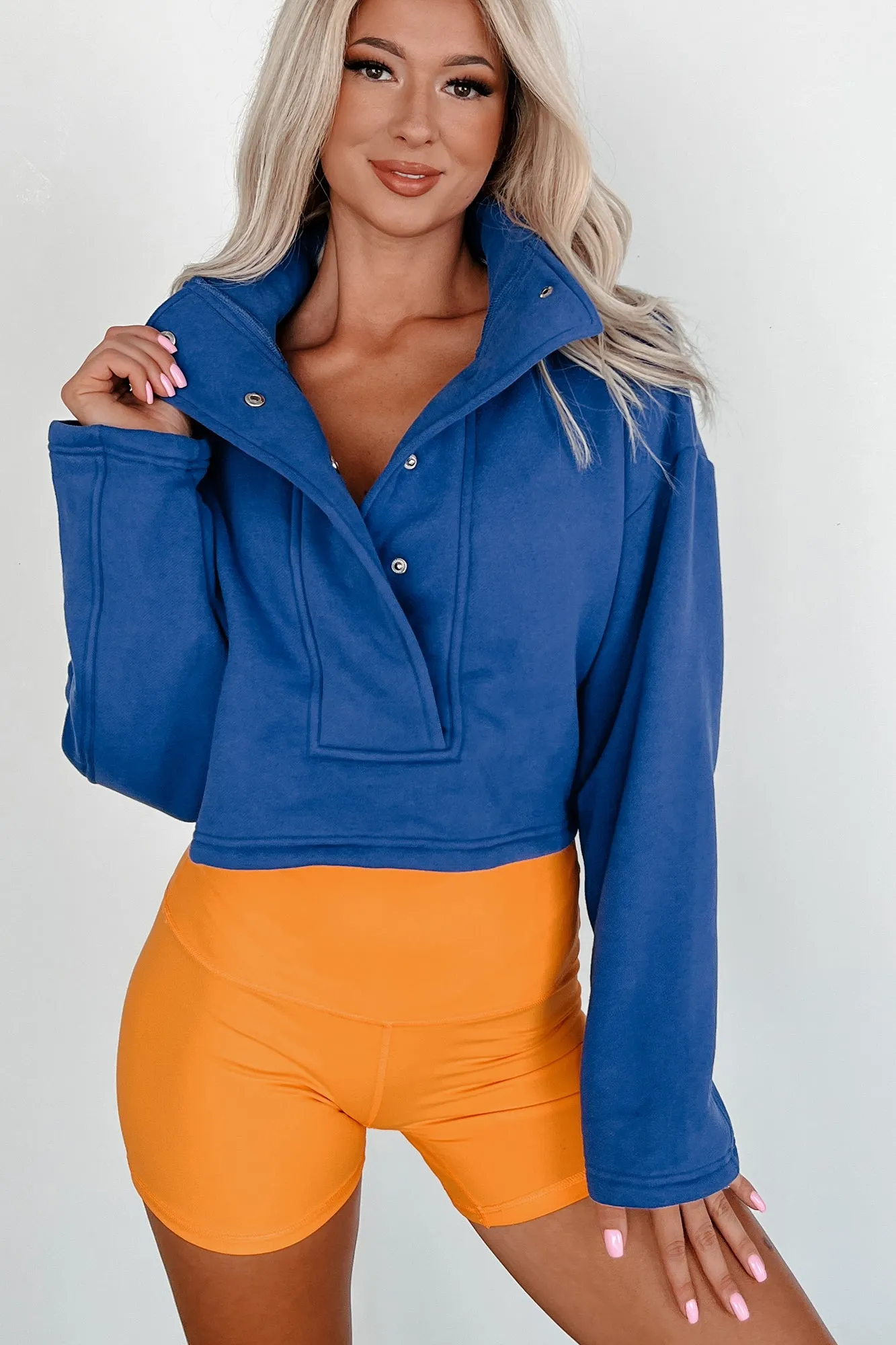 Go-Getter Attitude Cropped Snap-Button Pullover (Blue)