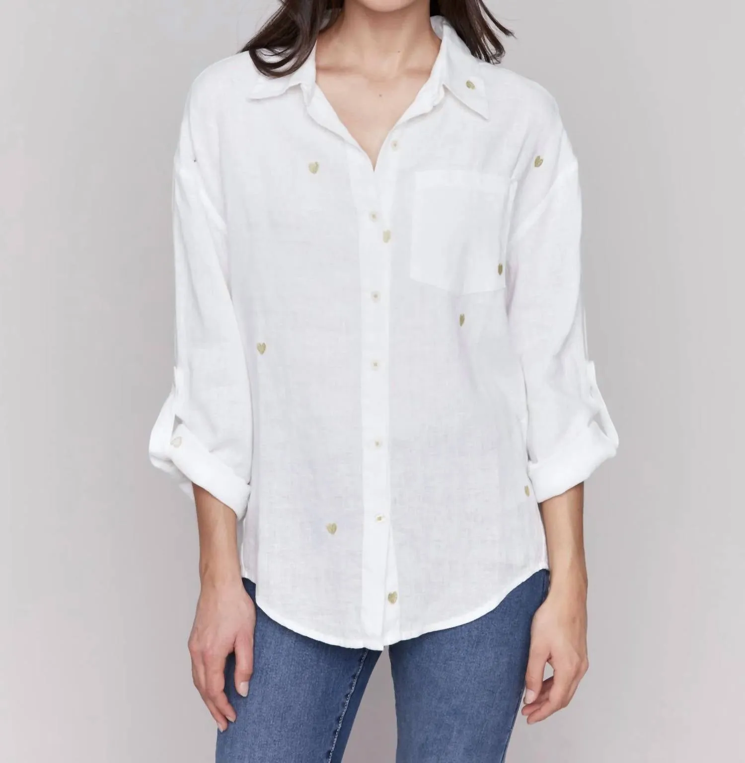 Gold Hearts Button Up In White