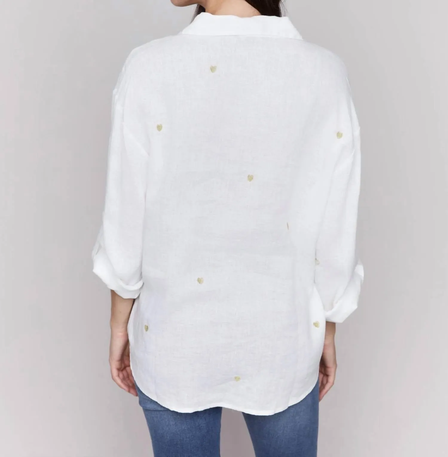 Gold Hearts Button Up In White