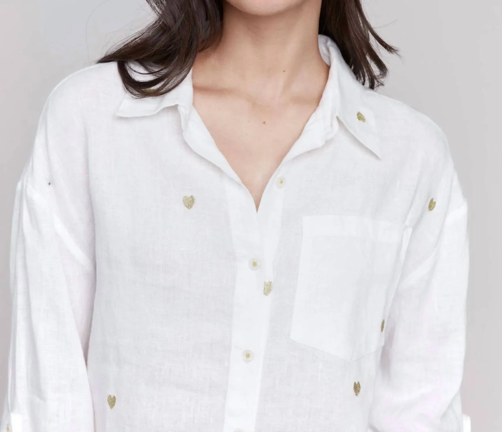 Gold Hearts Button Up In White