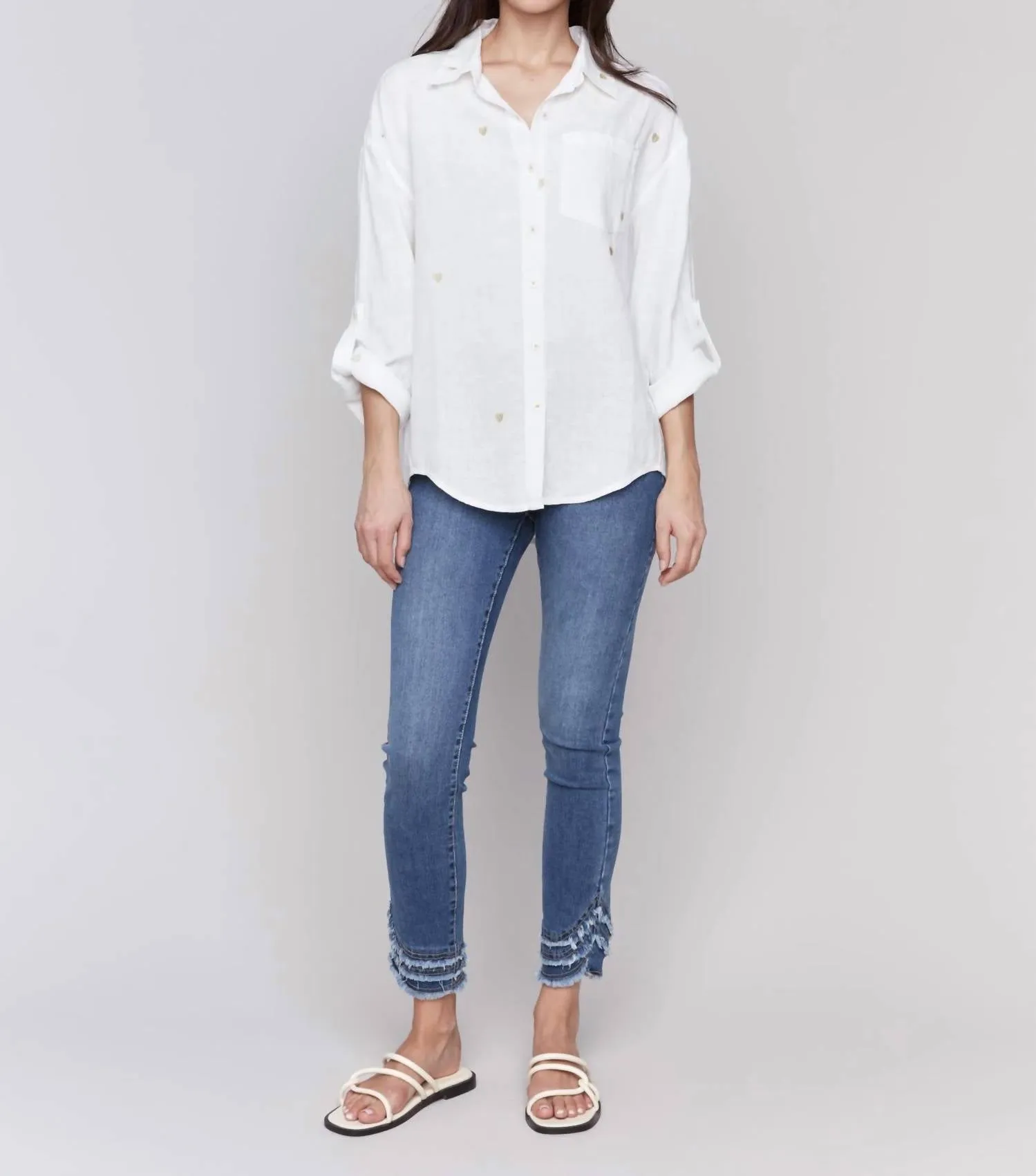Gold Hearts Button Up In White