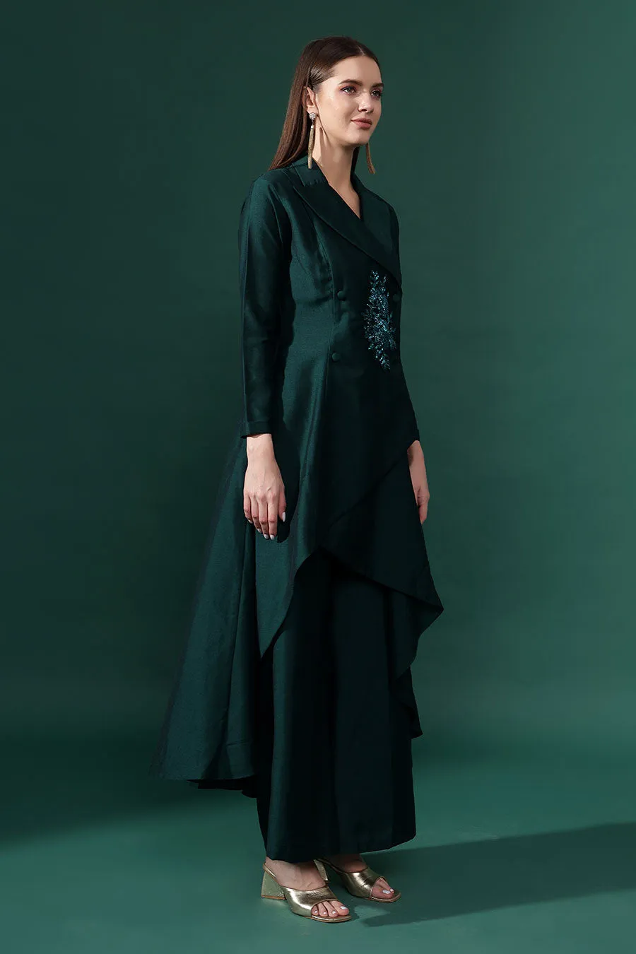 Green Cotton Silk Crystal Embellished Co-Ord Set