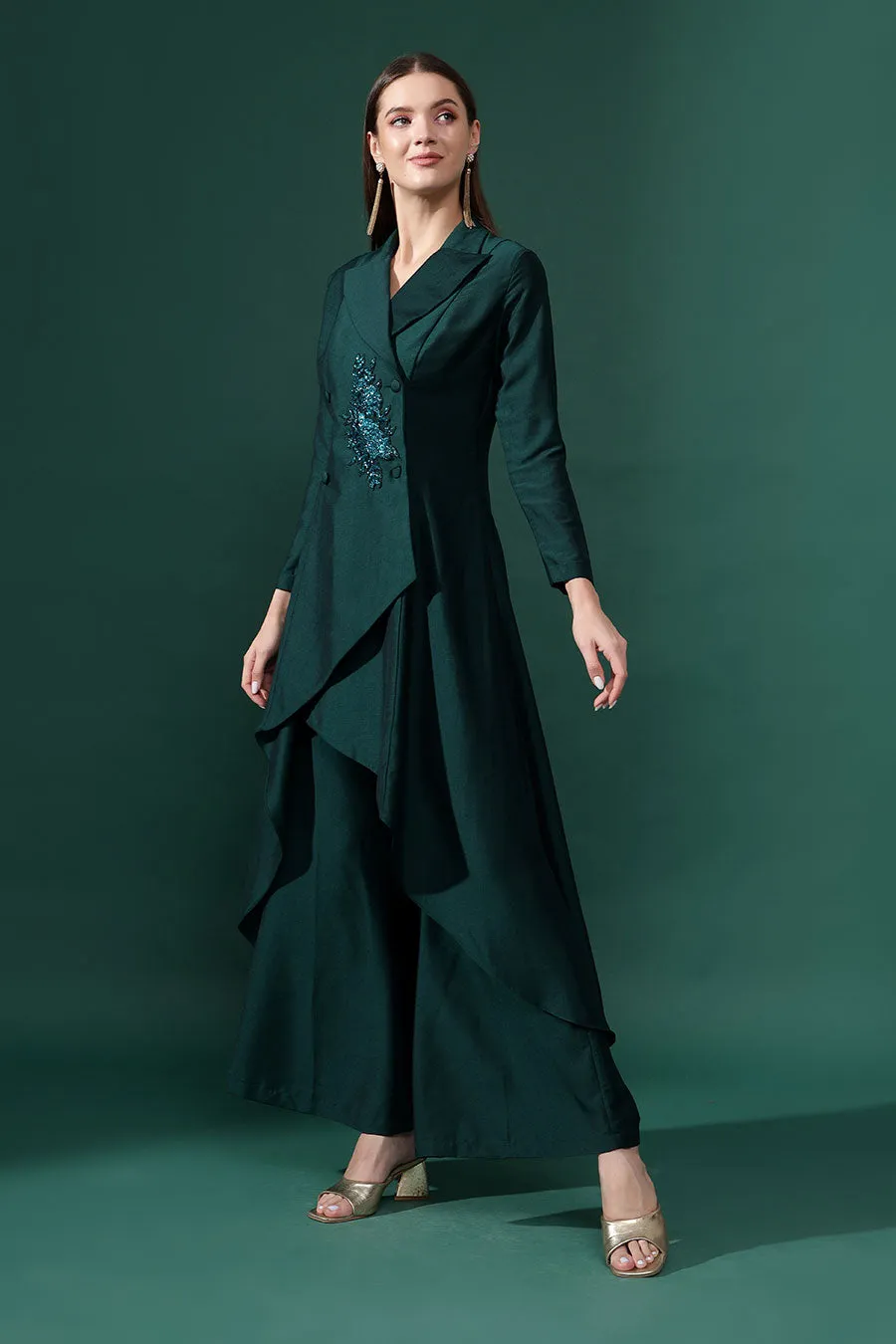 Green Cotton Silk Crystal Embellished Co-Ord Set