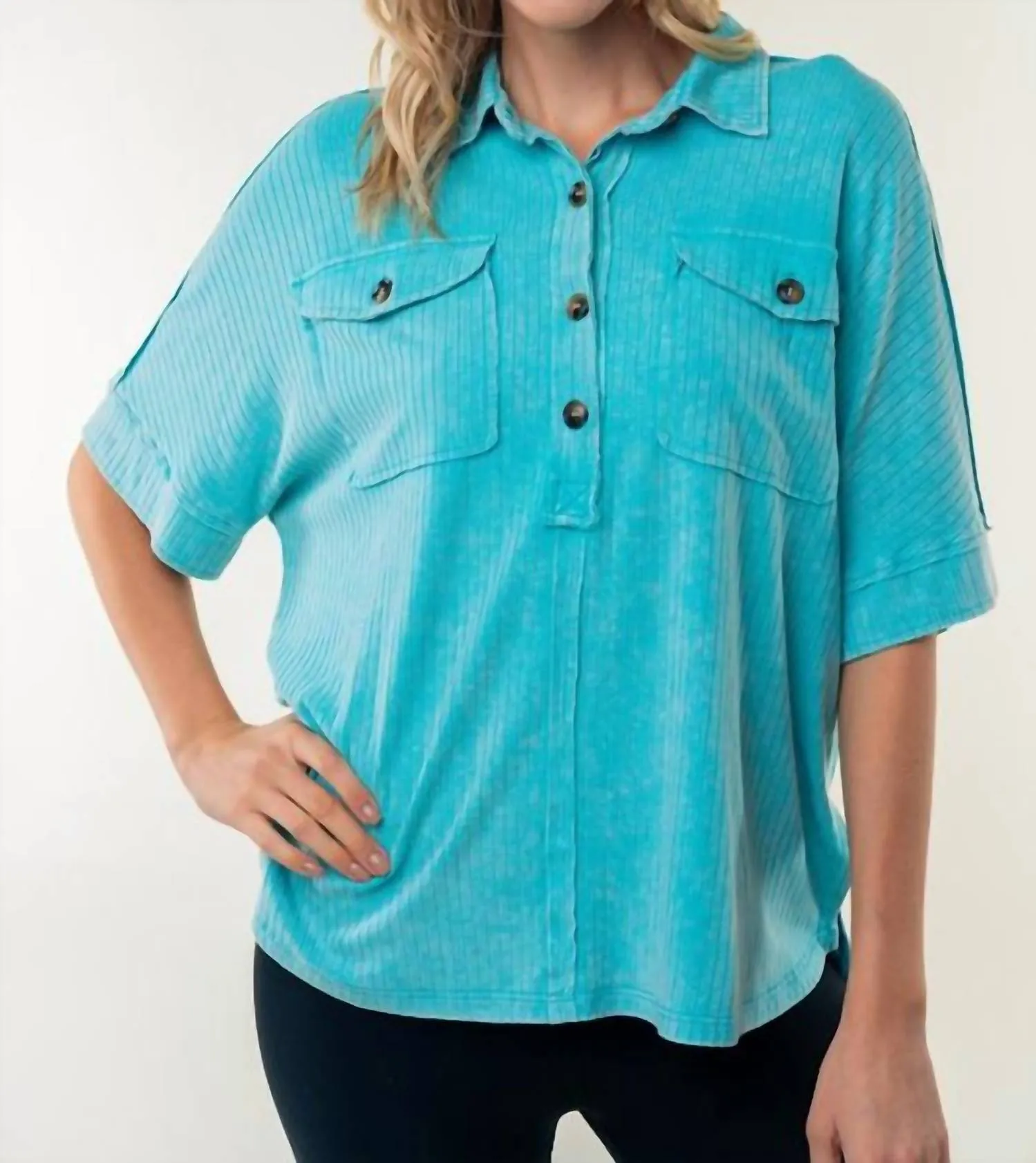 Half Sleeve Solid Knit Top In Teal