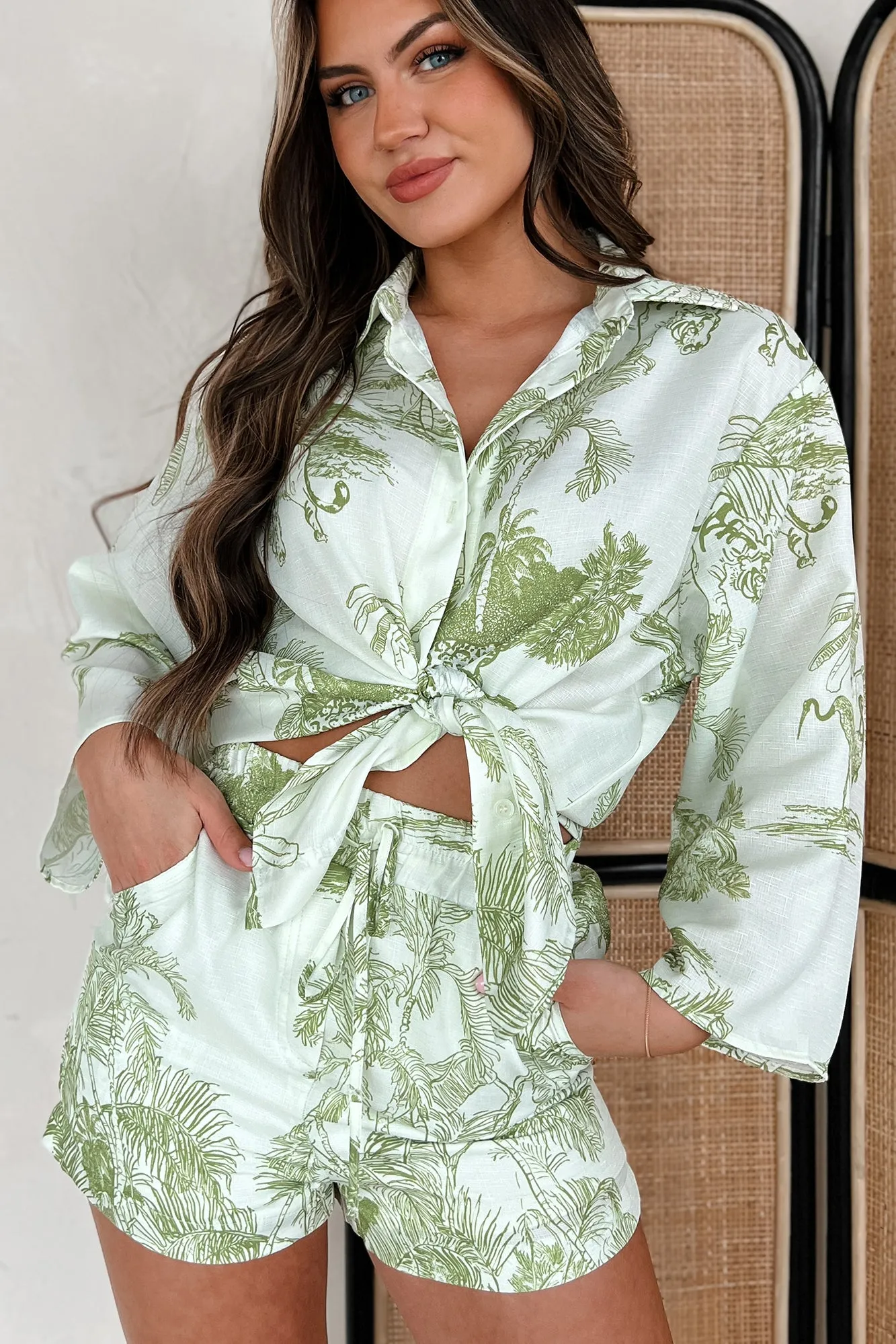I'm Unavailable Tropical Print Two-Piece Set (Ivory/Light Green)