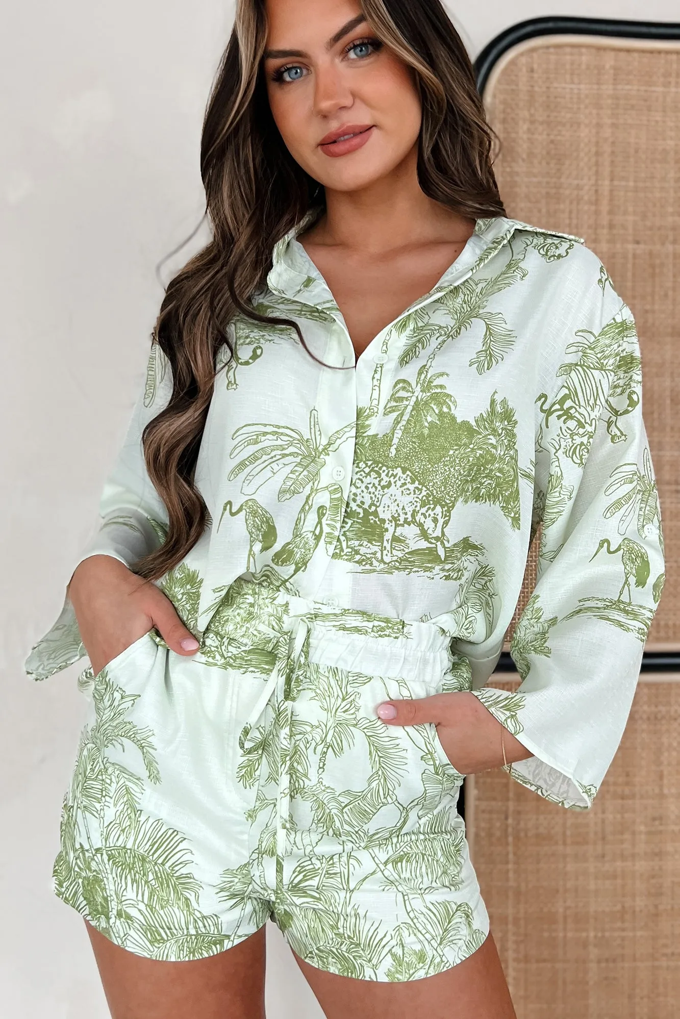 I'm Unavailable Tropical Print Two-Piece Set (Ivory/Light Green)