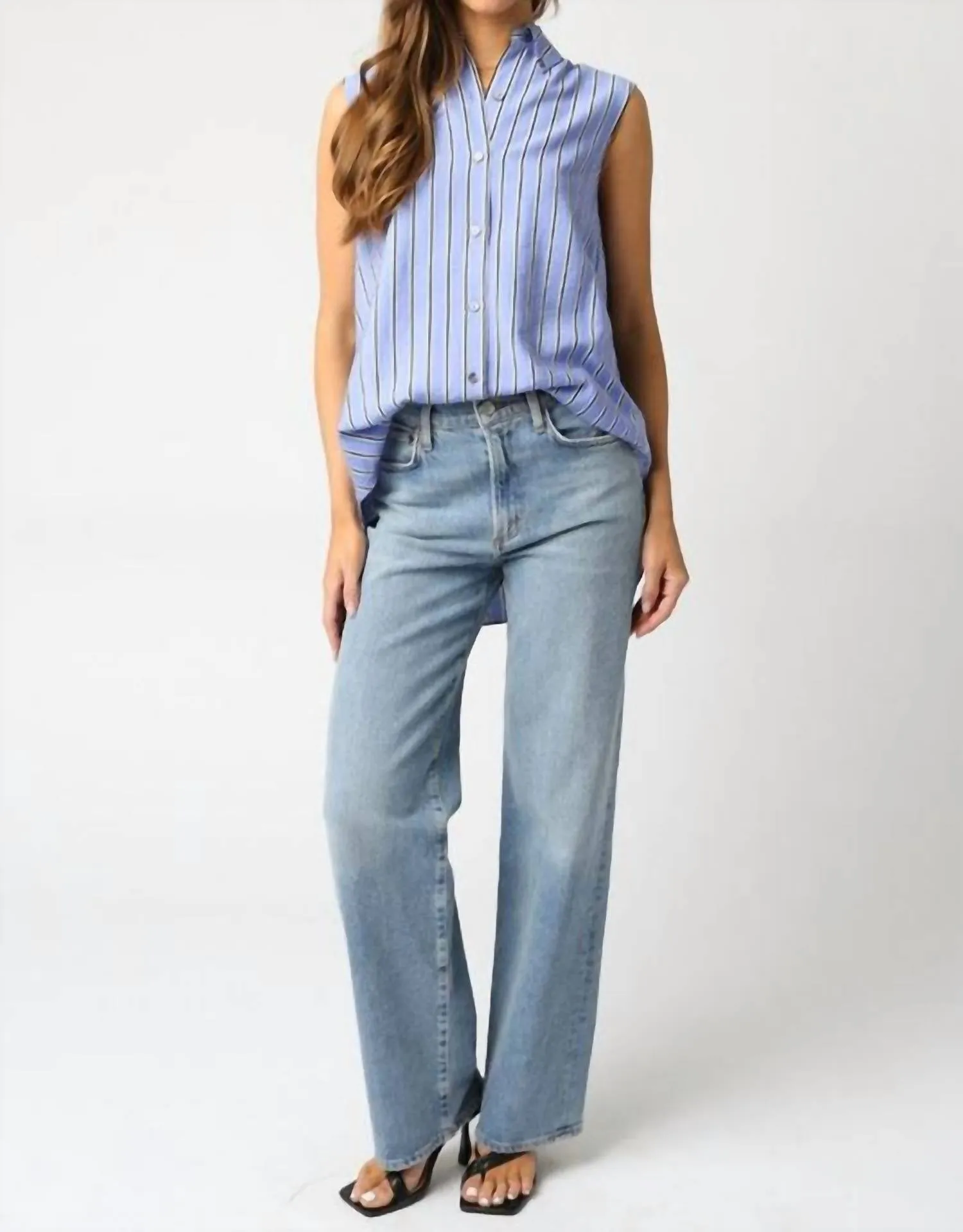 Jaden Striped Sleeveless Button Down Top In Blue/white/black