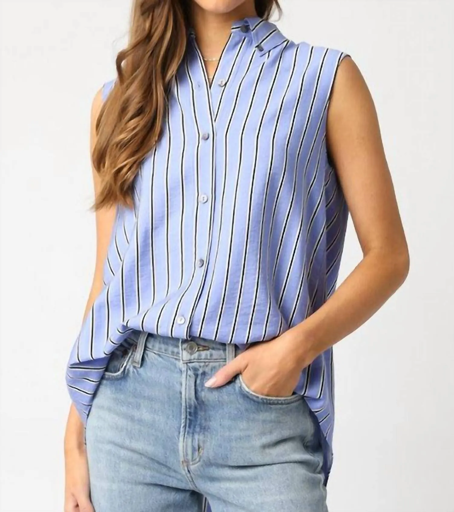 Jaden Striped Sleeveless Button Down Top In Blue/white/black