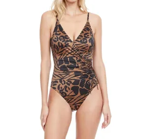 Jaguar V-Neck One Piece Swimsuit In Brown/black
