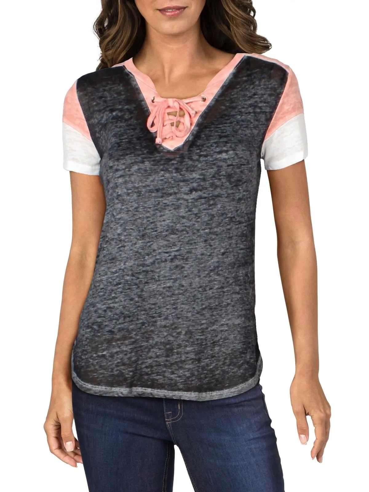Juniors Womens Lace-Up Burn-Out T-Shirt