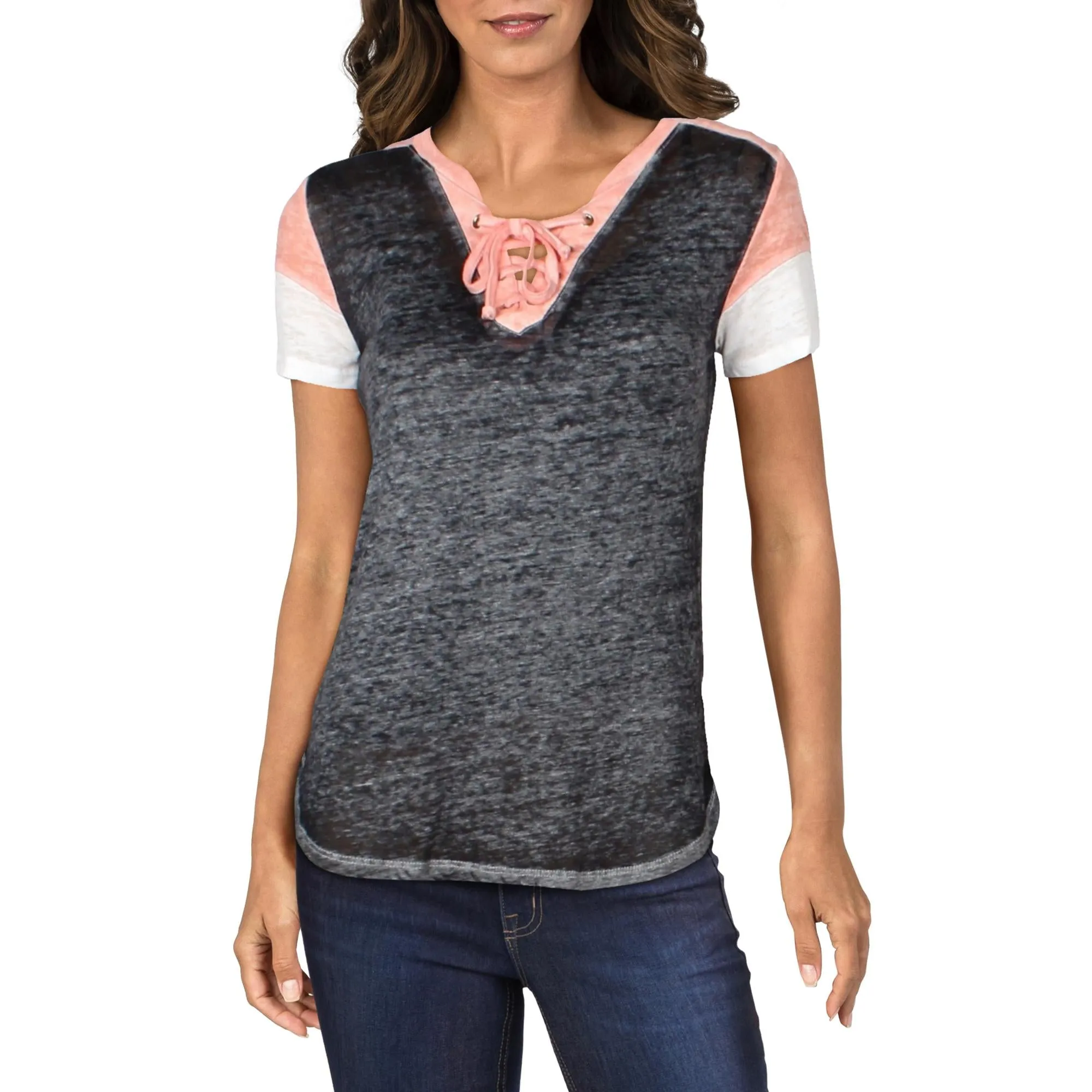 Juniors Womens Lace-Up Burn-Out T-Shirt