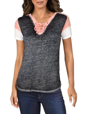 Juniors Womens Lace-Up Burn-Out T-Shirt