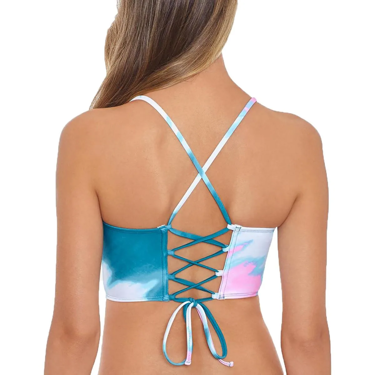 Juniors Womens Tie-Dye Lace-Up Bikini Swim top