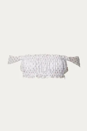 Karma Ruffled Printed Lace Bikini Top In White/gold