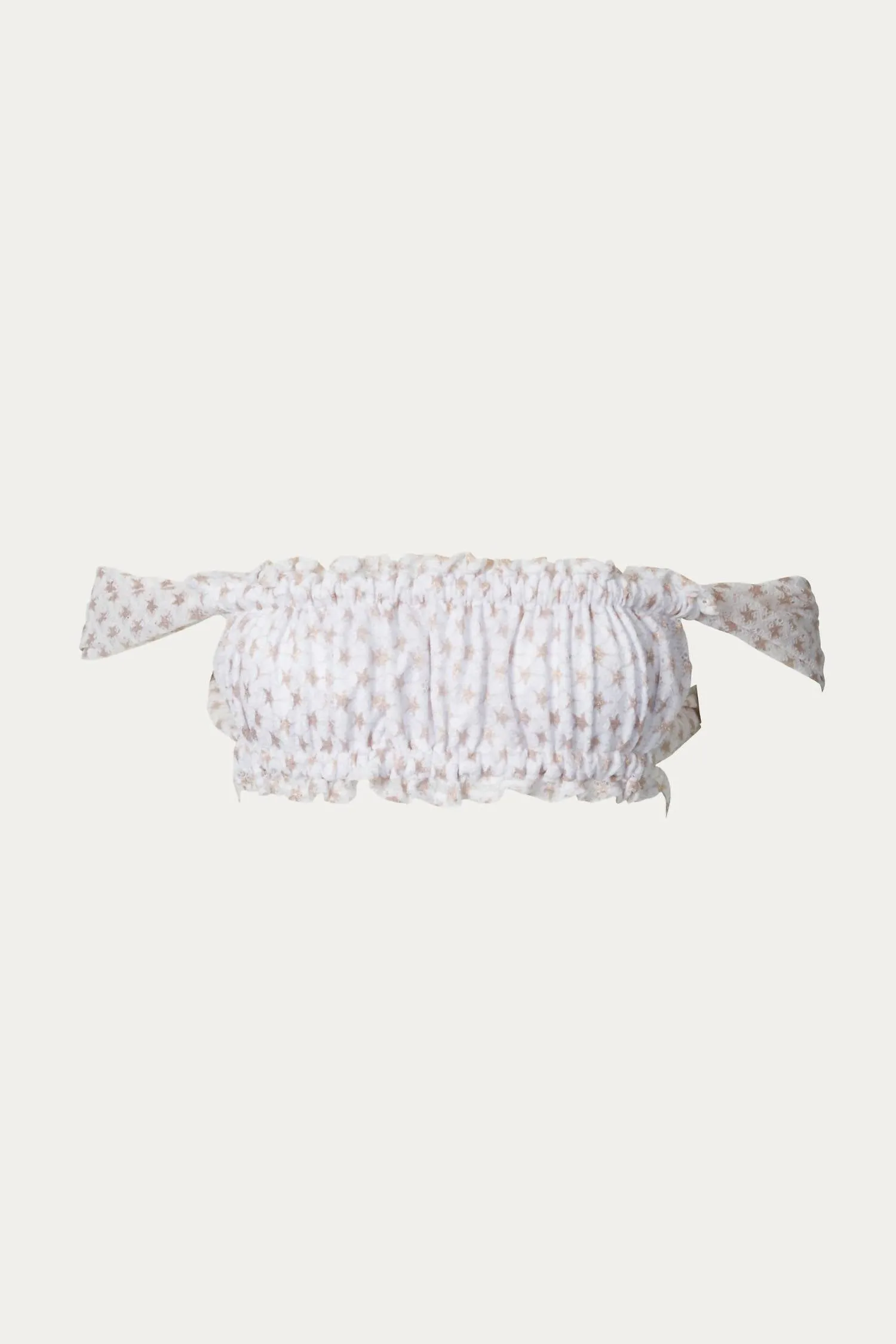 Karma Ruffled Printed Lace Bikini Top In White/gold