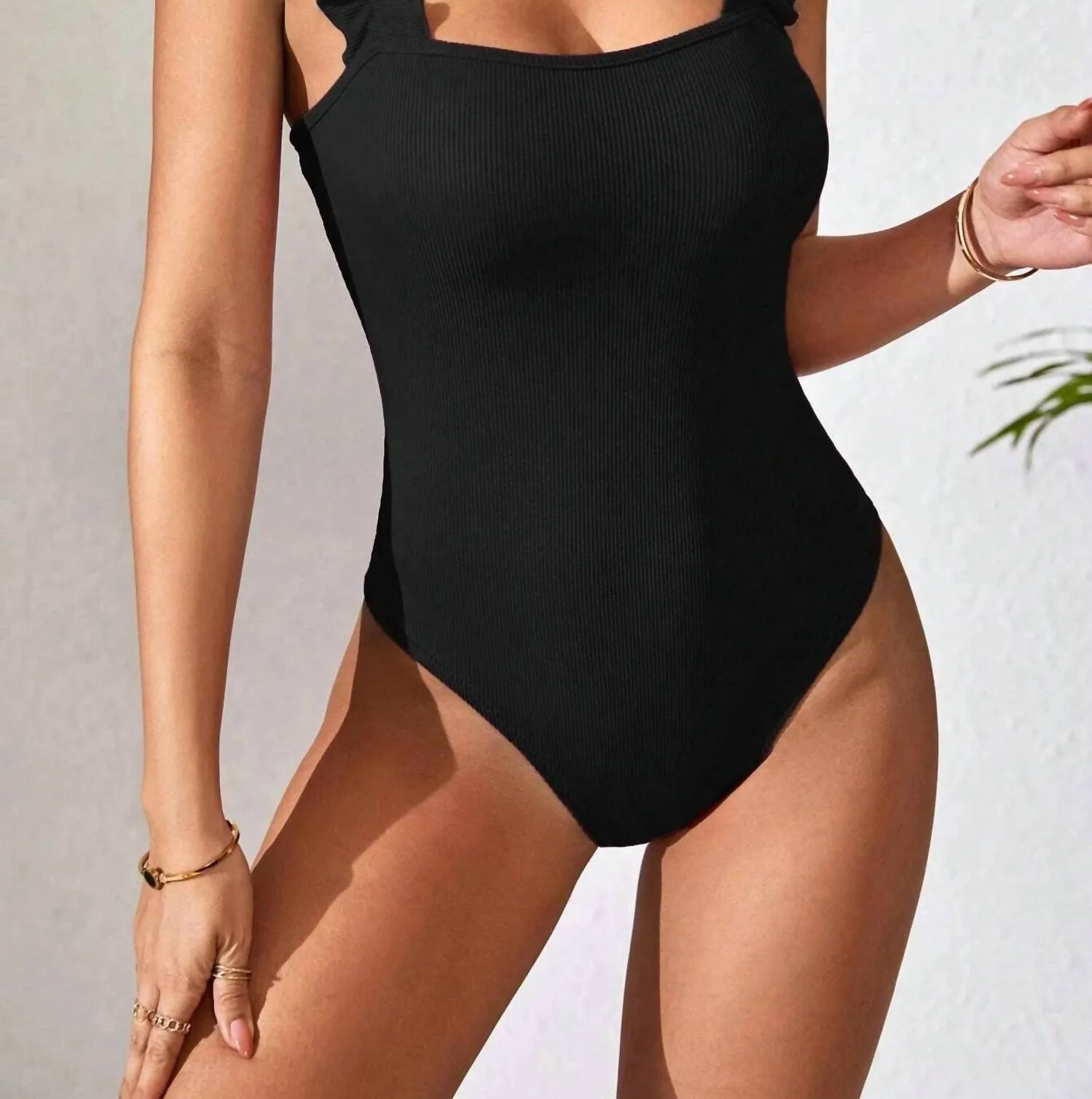 Knitted Suspender Sleeveless Bodysuit In Black