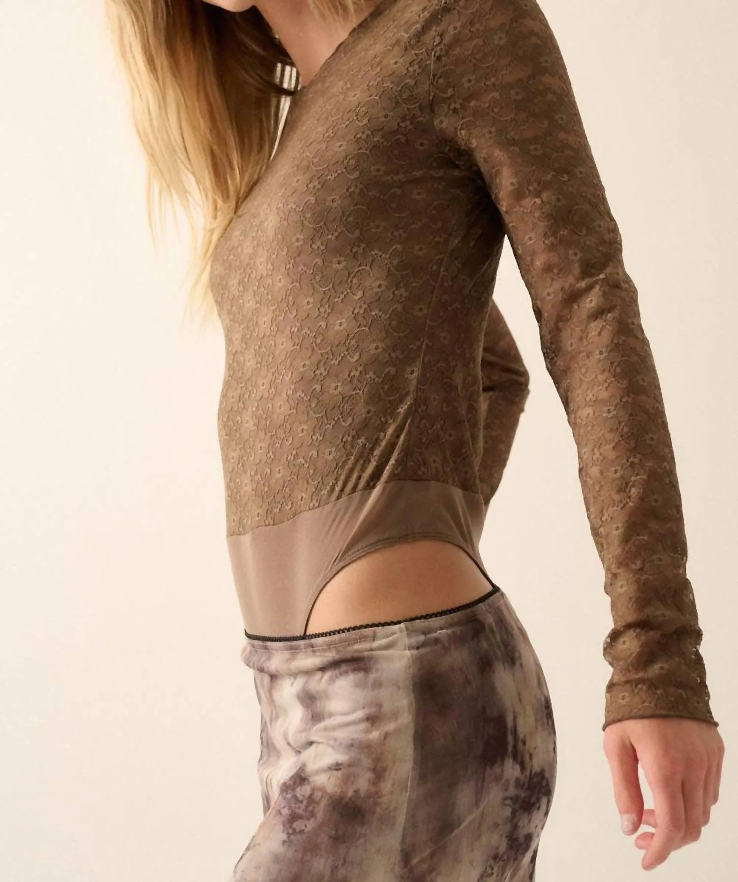 Lace Woven Bodysuit In Brown