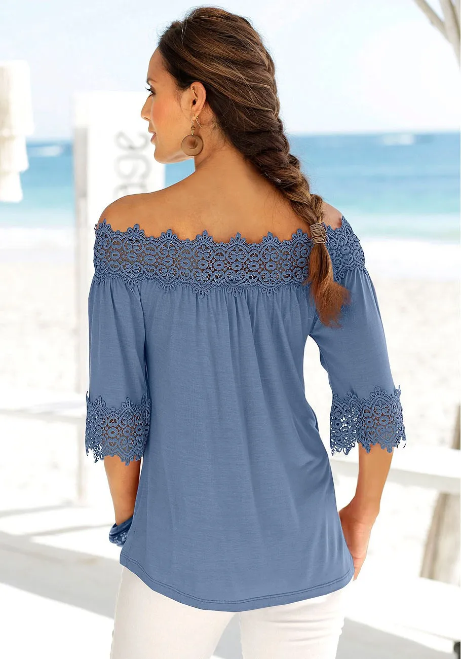LASCANA Women's Lace Accent Off The Shoulder Top
