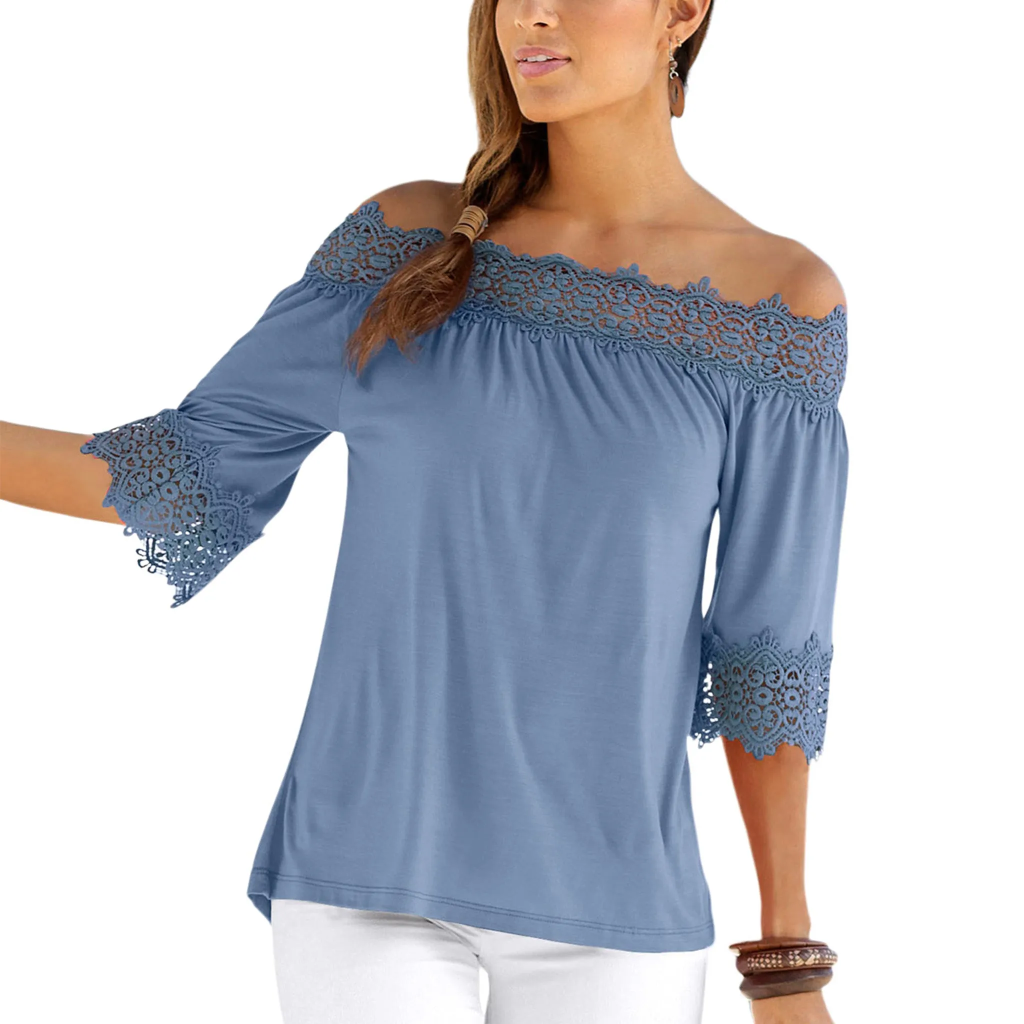 LASCANA Women's Lace Accent Off The Shoulder Top