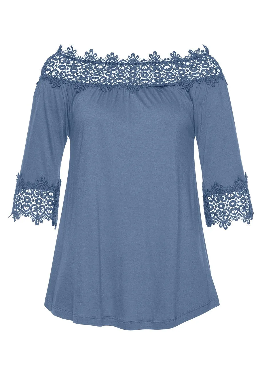 LASCANA Women's Lace Accent Off The Shoulder Top
