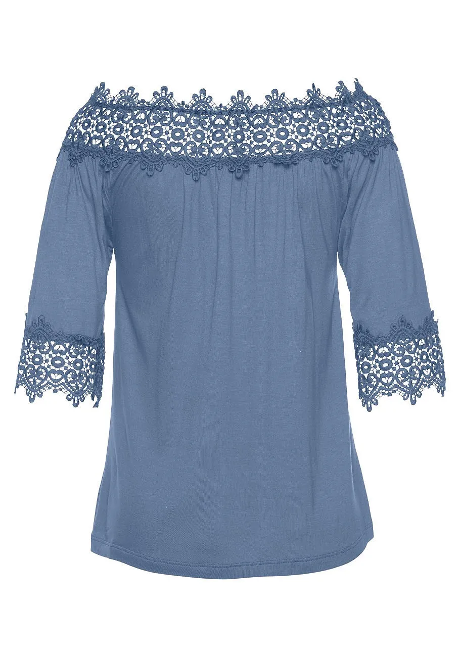 LASCANA Women's Lace Accent Off The Shoulder Top