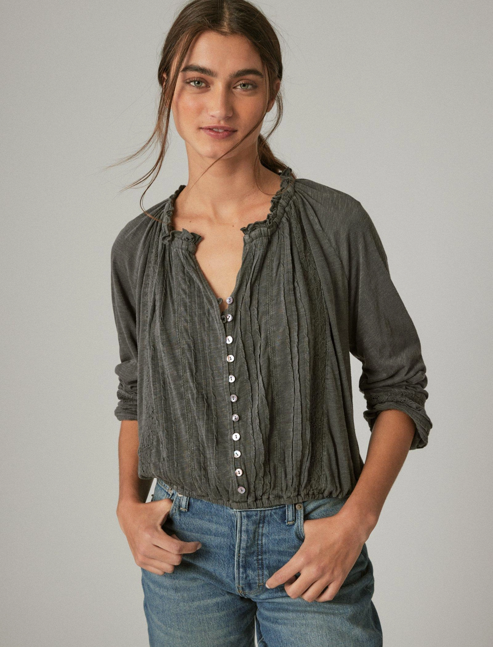 Lucky Brand Women's Embroidered Peasant Lace Trim Top