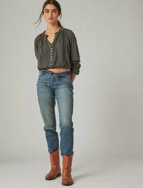 Lucky Brand Women's Embroidered Peasant Lace Trim Top