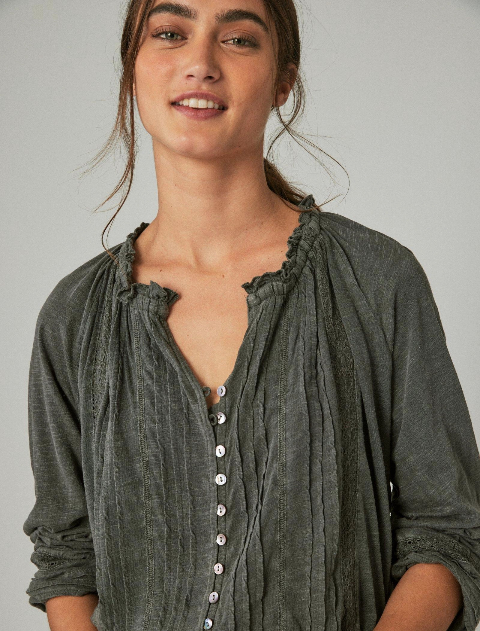 Lucky Brand Women's Embroidered Peasant Lace Trim Top