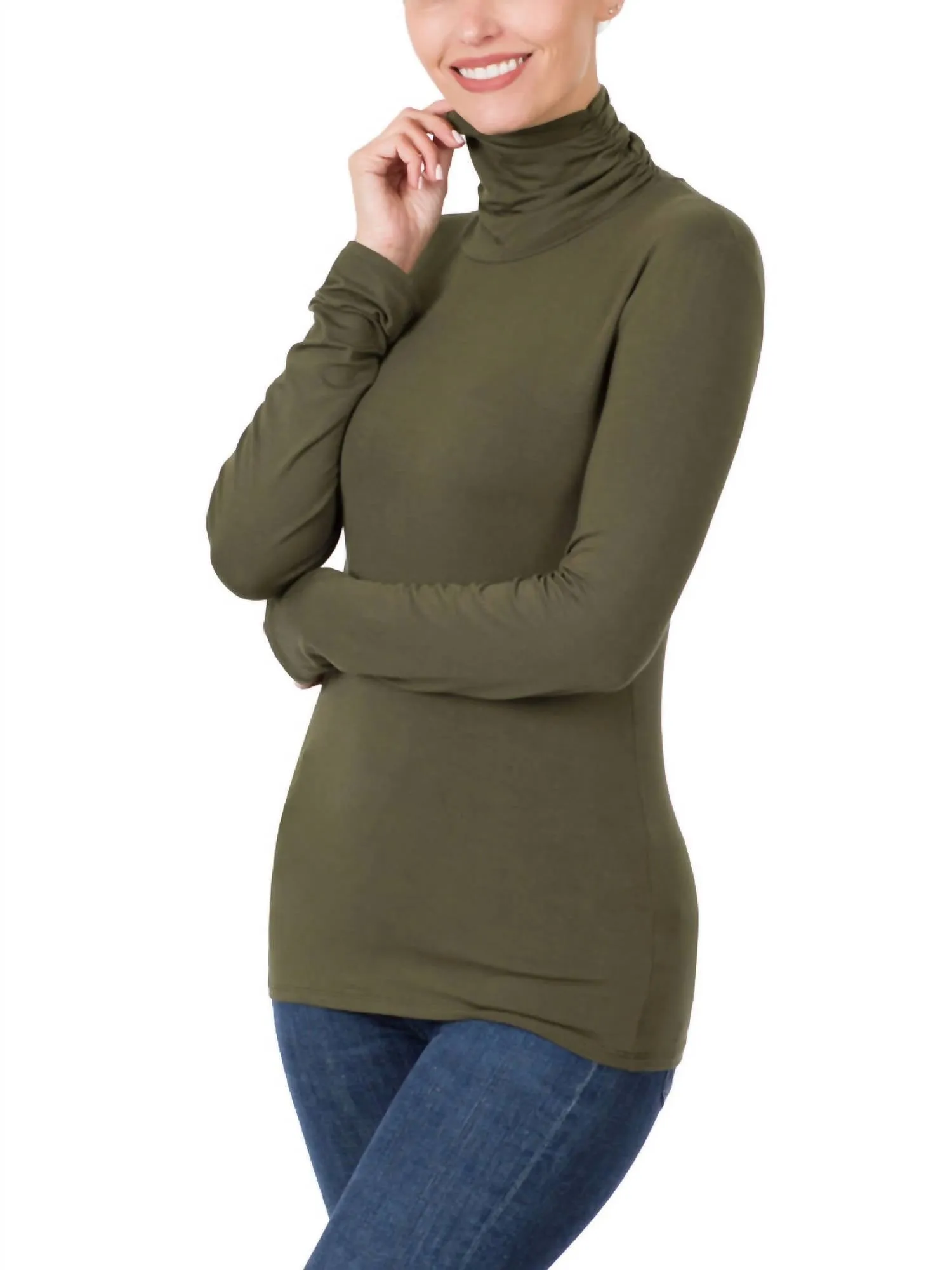 Luxe Rayon Turtleneck Top In Dark Olive